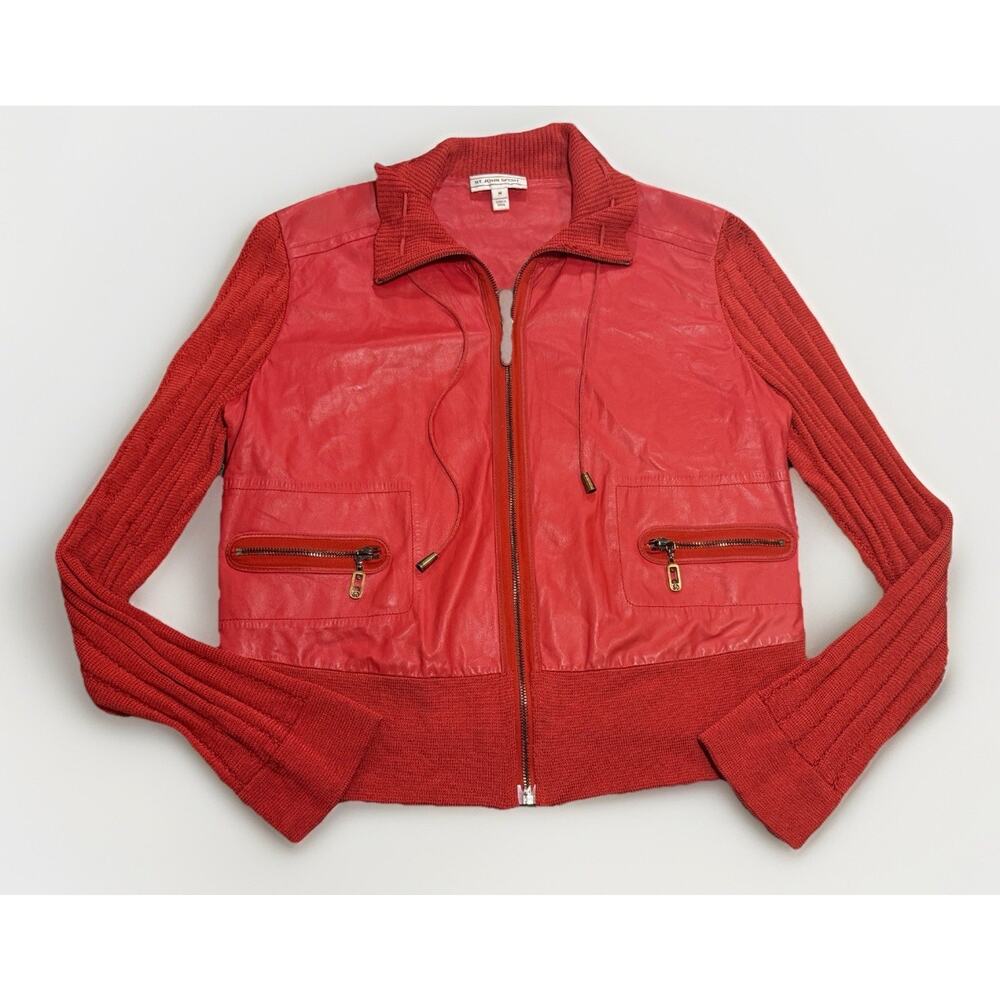 St. John Sport Lamb Leather Biker Jacket Sz Medium Red Retail $495 - Picture 2 of 11